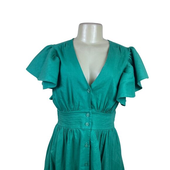 Chelsea 28 Green Women’s Ruffled Sleeve Fit & Flare Button Front Dress Size S - Picture 4 of 9